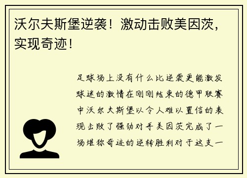 沃尔夫斯堡逆袭！激动击败美因茨，实现奇迹！